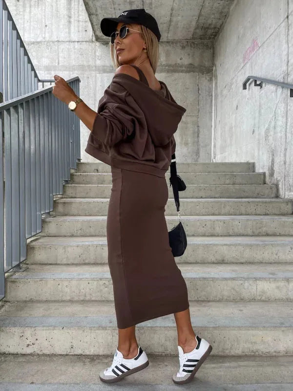 Autumn Winter Solid Print V-Neck Long Sleeve Women's Hooded Sweater Set with Slim Fit Short Top and Long Dress