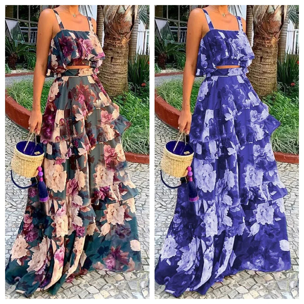 Women Sexy Spaghetti Strap Backless Crop Top With High Waist Ruffled Stitching Skirt Two-Piece Summer Vacation Printed Set