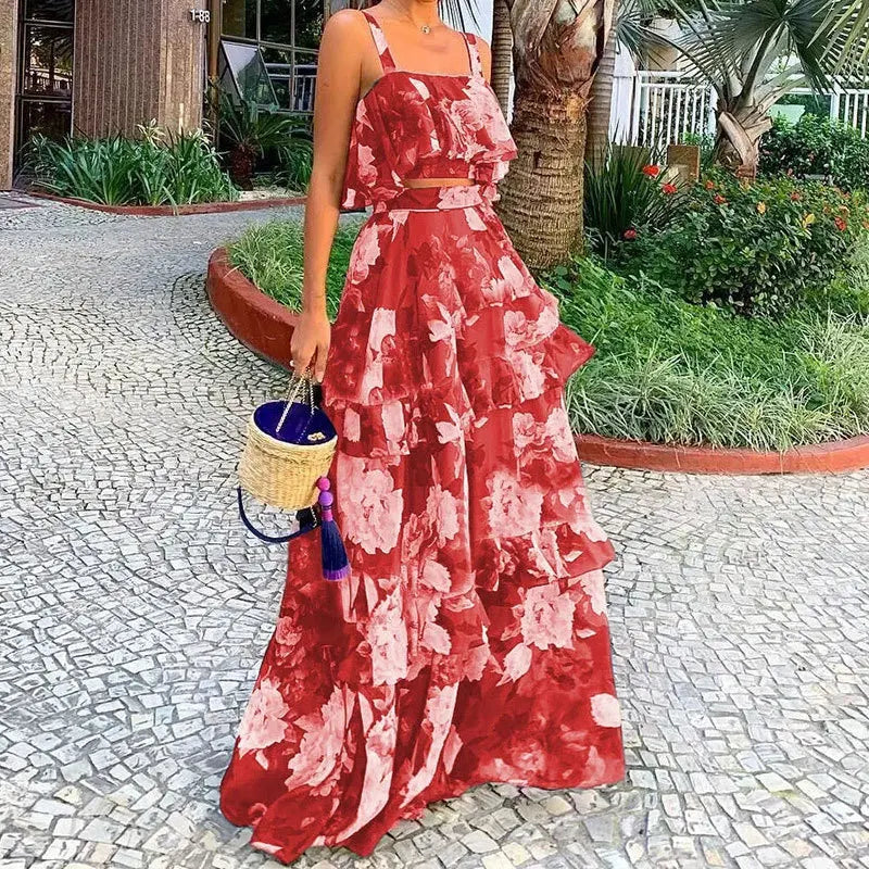 Women Sexy Spaghetti Strap Backless Crop Top With High Waist Ruffled Stitching Skirt Two-Piece Summer Vacation Printed Set