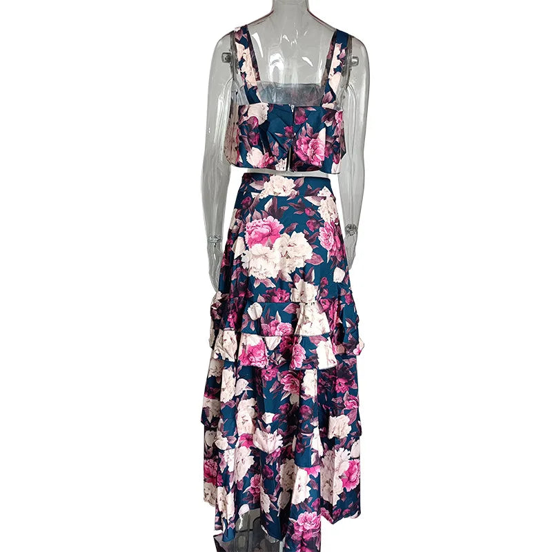 Women Sexy Spaghetti Strap Backless Crop Top With High Waist Ruffled Stitching Skirt Two-Piece Summer Vacation Printed Set