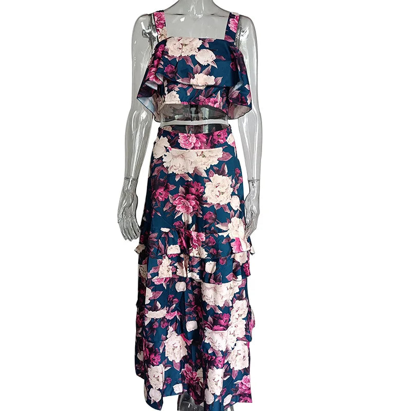 Women Sexy Spaghetti Strap Backless Crop Top With High Waist Ruffled Stitching Skirt Two-Piece Summer Vacation Printed Set