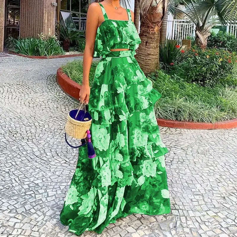 Women Sexy Spaghetti Strap Backless Crop Top With High Waist Ruffled Stitching Skirt Two-Piece Summer Vacation Printed Set