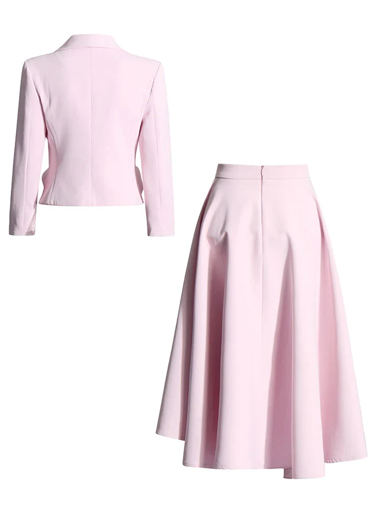 Chic Formal Two-Piece Set for Women V Neck Long Sleeve Top with Spliced Appliques and High Waist Midi Skirt Elegant Spring Outfit