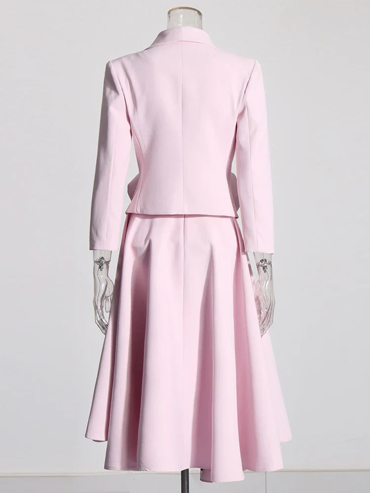 Chic Formal Two-Piece Set for Women V Neck Long Sleeve Top with Spliced Appliques and High Waist Midi Skirt Elegant Spring Outfit