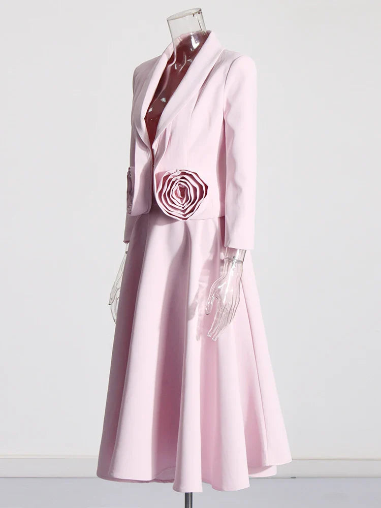 Chic Formal Two-Piece Set for Women V Neck Long Sleeve Top with Spliced Appliques and High Waist Midi Skirt Elegant Spring Outfit