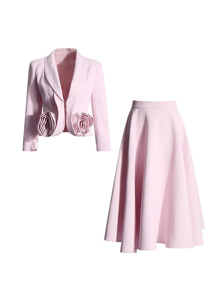 Chic Formal Two-Piece Set for Women V Neck Long Sleeve Top with Spliced Appliques and High Waist Midi Skirt Elegant Spring Outfit