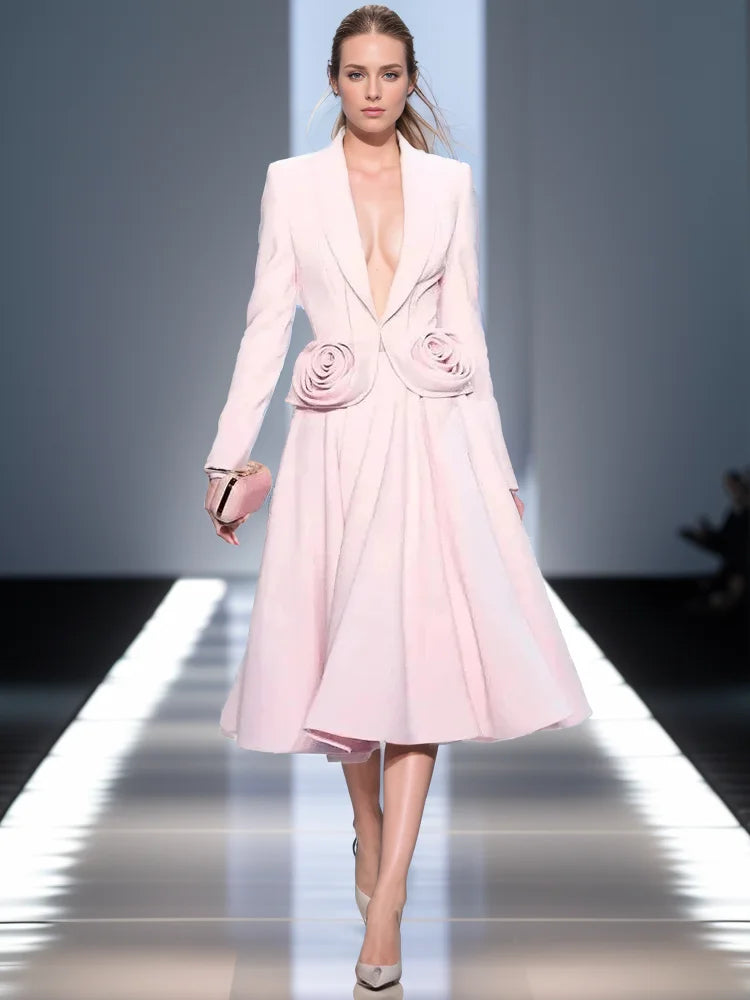 Chic Formal Two-Piece Set for Women V Neck Long Sleeve Top with Spliced Appliques and High Waist Midi Skirt Elegant Spring Outfit