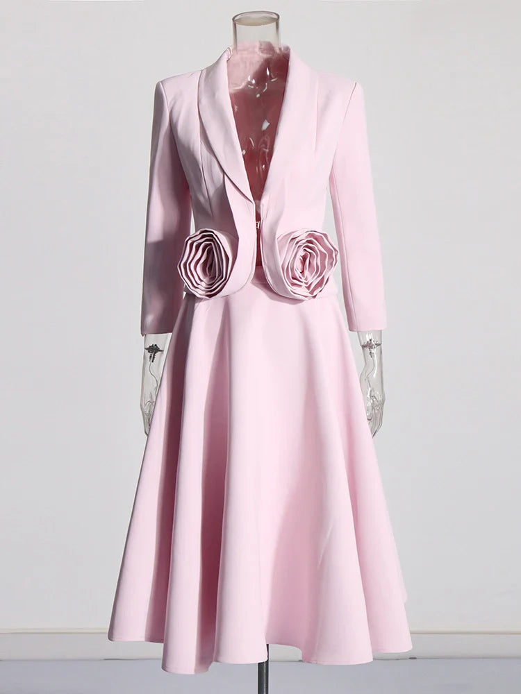 Chic Formal Two-Piece Set for Women V Neck Long Sleeve Top with Spliced Appliques and High Waist Midi Skirt Elegant Spring Outfit