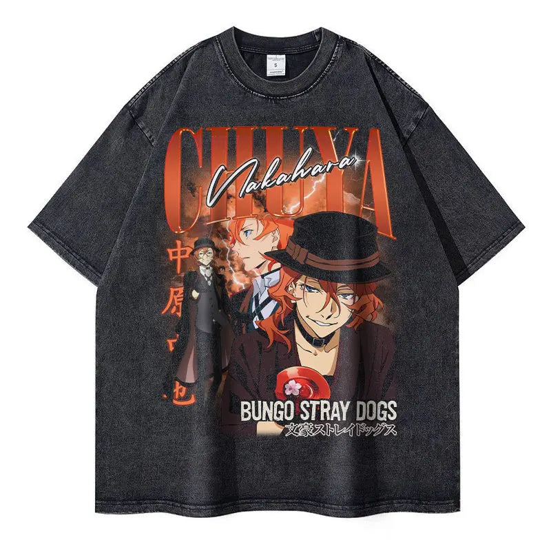 Nakahara Chuuya Vintage Washed Oversized T-Shirt Anime Bungo Stray Dogs Streetwear Tee with Dazai Osamu and Atsushi Design for Men