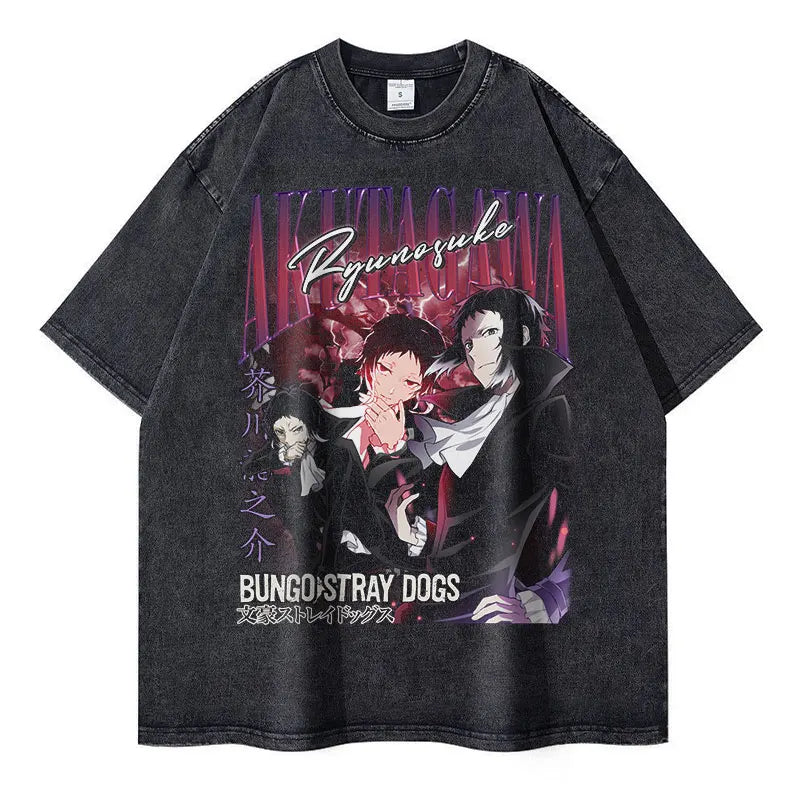 Nakahara Chuuya Vintage Washed Oversized T-Shirt Anime Bungo Stray Dogs Streetwear Tee with Dazai Osamu and Atsushi Design for Men