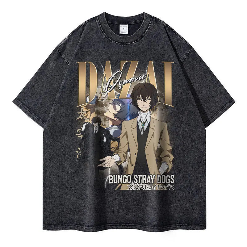 Nakahara Chuuya Vintage Washed Oversized T-Shirt Anime Bungo Stray Dogs Streetwear Tee with Dazai Osamu and Atsushi Design for Men