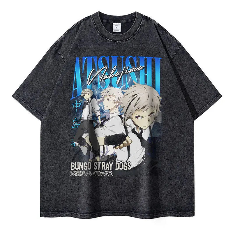 Nakahara Chuuya Vintage Washed Oversized T-Shirt Anime Bungo Stray Dogs Streetwear Tee with Dazai Osamu and Atsushi Design for Men