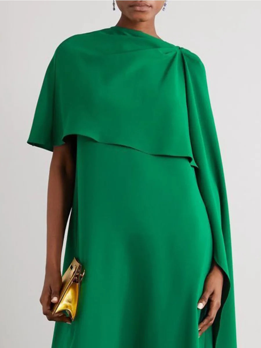 Asymmetric Loose Fit Wrap Dress for Women Solid Color Round Neck Evening Maxi Gown for Party and Casual Wear