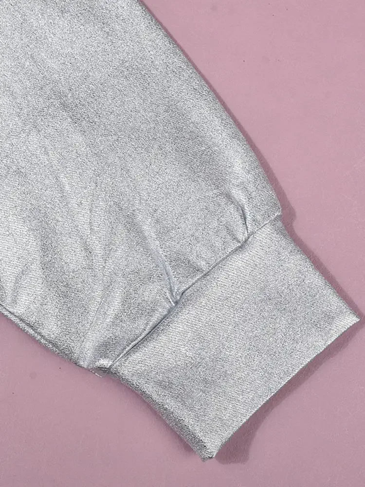 Women's Silver Long Sleeve Pullover Sweatshirt Casual Loose Fit Stand Collar Streetwear Top