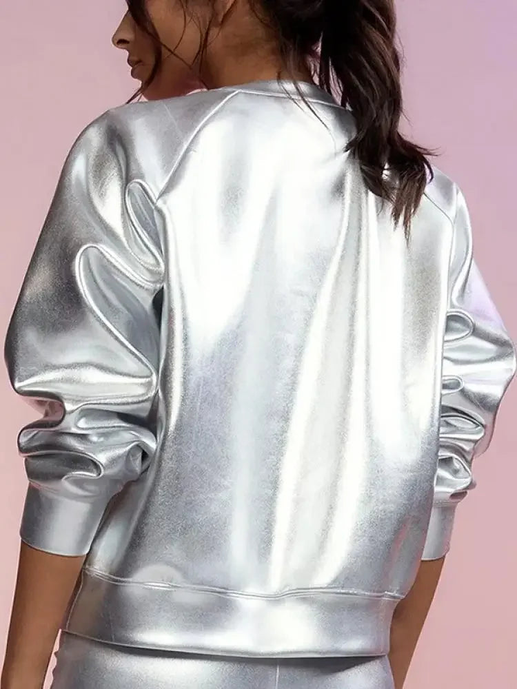 Women's Silver Long Sleeve Pullover Sweatshirt Casual Loose Fit Stand Collar Streetwear Top