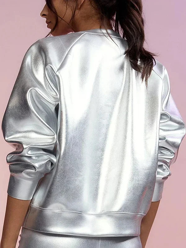 Women's Silver Long Sleeve Pullover Sweatshirt Casual Loose Fit Stand Collar Streetwear Top