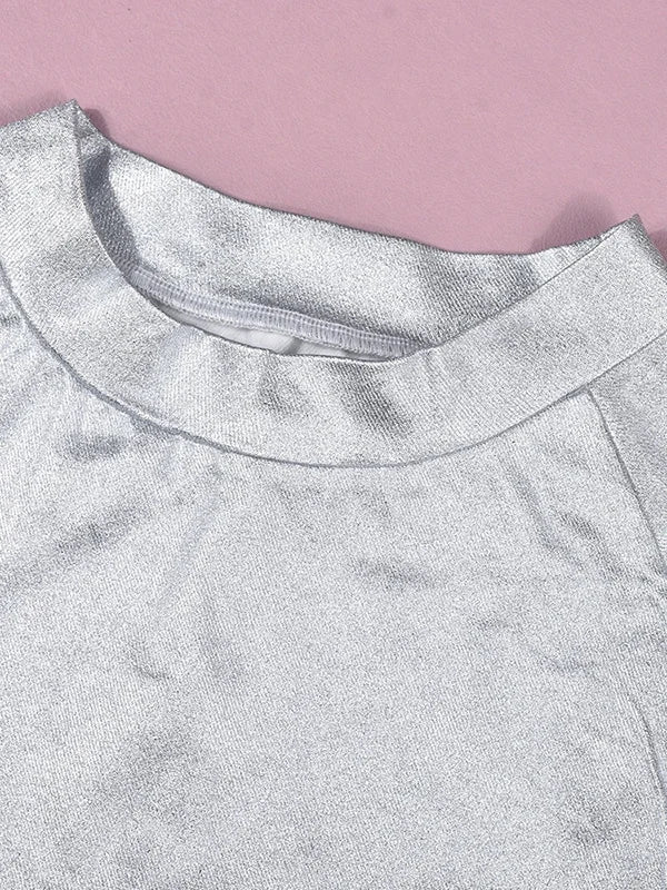 Women's Silver Long Sleeve Pullover Sweatshirt Casual Loose Fit Stand Collar Streetwear Top