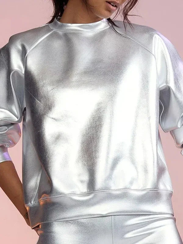 Women's Silver Long Sleeve Pullover Sweatshirt Casual Loose Fit Stand Collar Streetwear Top