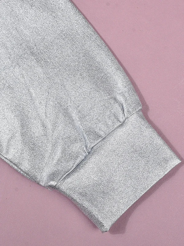 Women's Silver Long Sleeve Pullover Sweatshirt Casual Loose Fit Stand Collar Streetwear Top