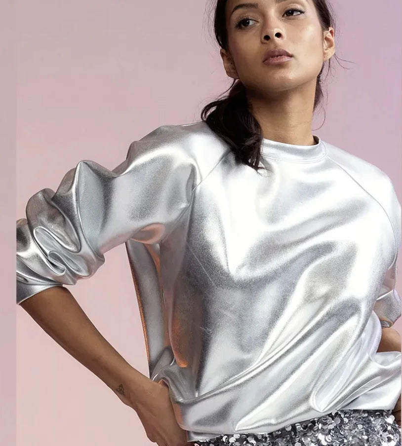 Women's Silver Long Sleeve Pullover Sweatshirt Casual Loose Fit Stand Collar Streetwear Top