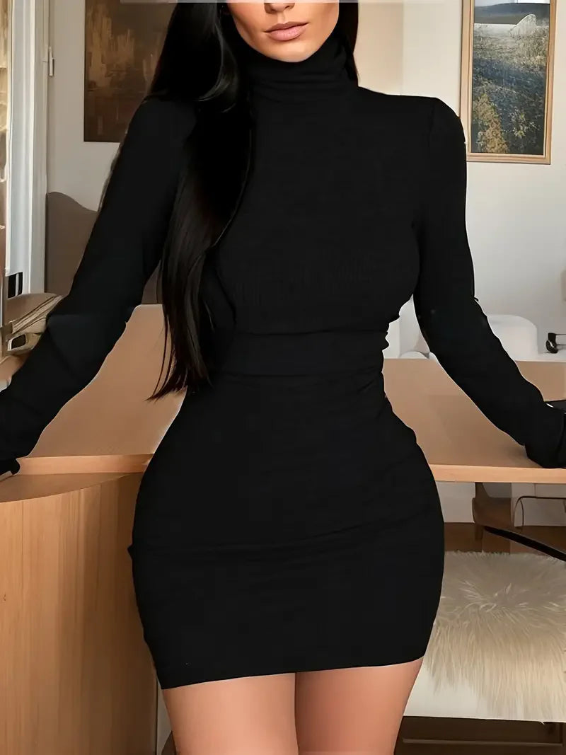 Elegant Turtleneck Long Sleeve Dress With Slim Fit and Hip-Hugging Design for Spring and Autumn