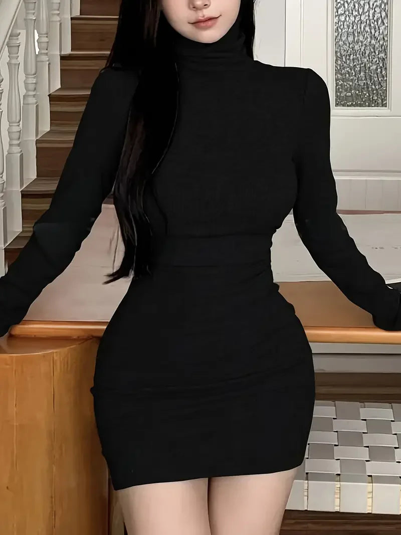 Elegant Turtleneck Long Sleeve Dress With Slim Fit and Hip-Hugging Design for Spring and Autumn