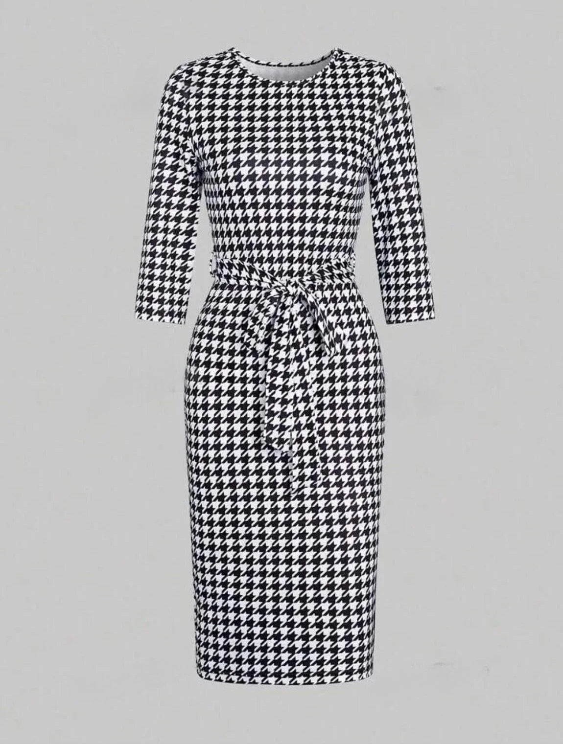 High-End Waistline Floral Dress with Plaided Skirt for Spring and Fall Elegant Mid-Length Ensemble