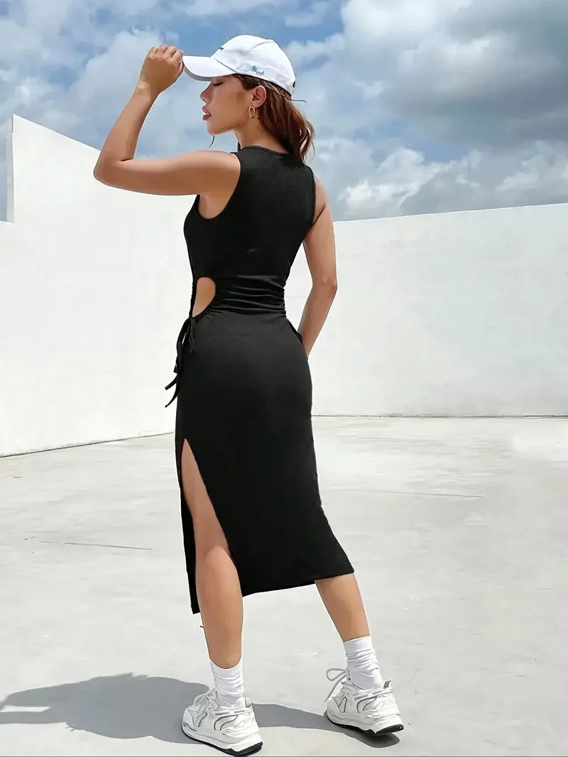 Elegant Summer Slim Fit Dress with Lace Waistline and Side Slit for Women