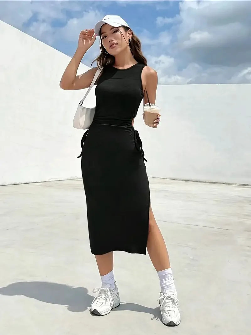 Elegant Summer Slim Fit Dress with Lace Waistline and Side Slit for Women