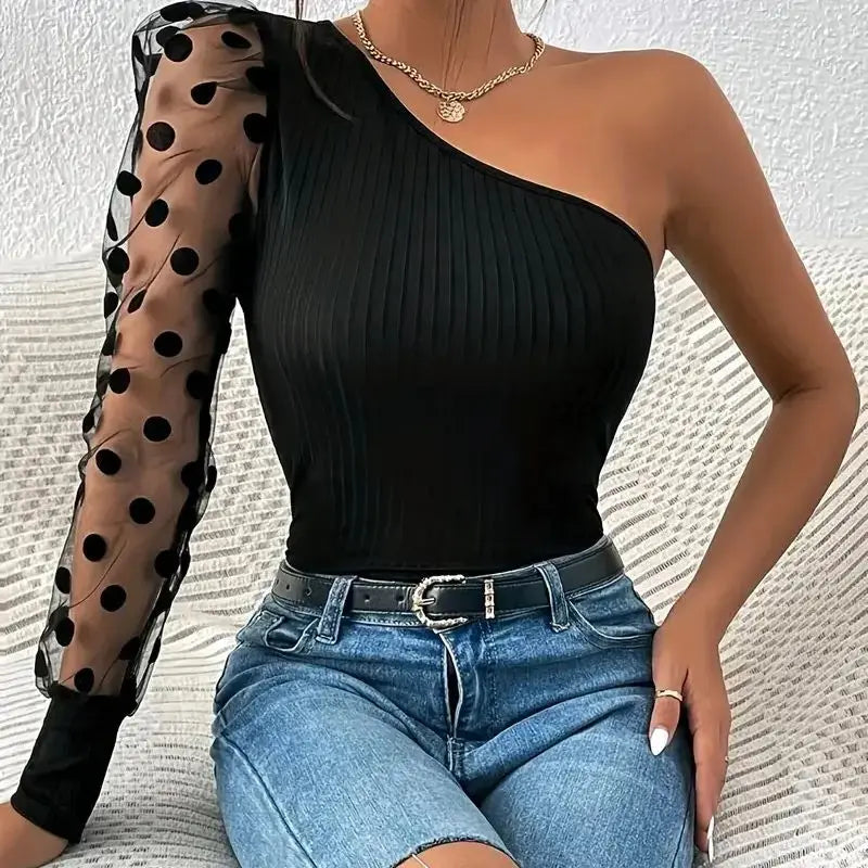 Women's Long Sleeve Single Shoulder T-Shirt with Polka Dot Mesh Stitching in Solid Color for Spring and Autumn Fashion