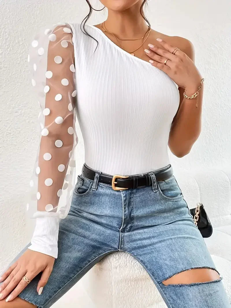 Women's Long Sleeve Single Shoulder T-Shirt with Polka Dot Mesh Stitching in Solid Color for Spring and Autumn Fashion