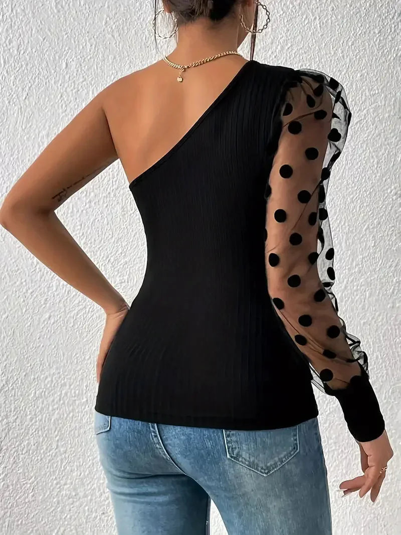 Women's Long Sleeve Single Shoulder T-Shirt with Polka Dot Mesh Stitching in Solid Color for Spring and Autumn Fashion
