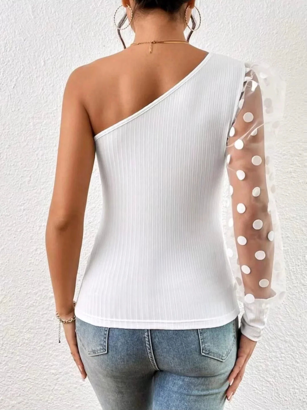 Women's Long Sleeve Single Shoulder T-Shirt with Polka Dot Mesh Stitching in Solid Color for Spring and Autumn Fashion