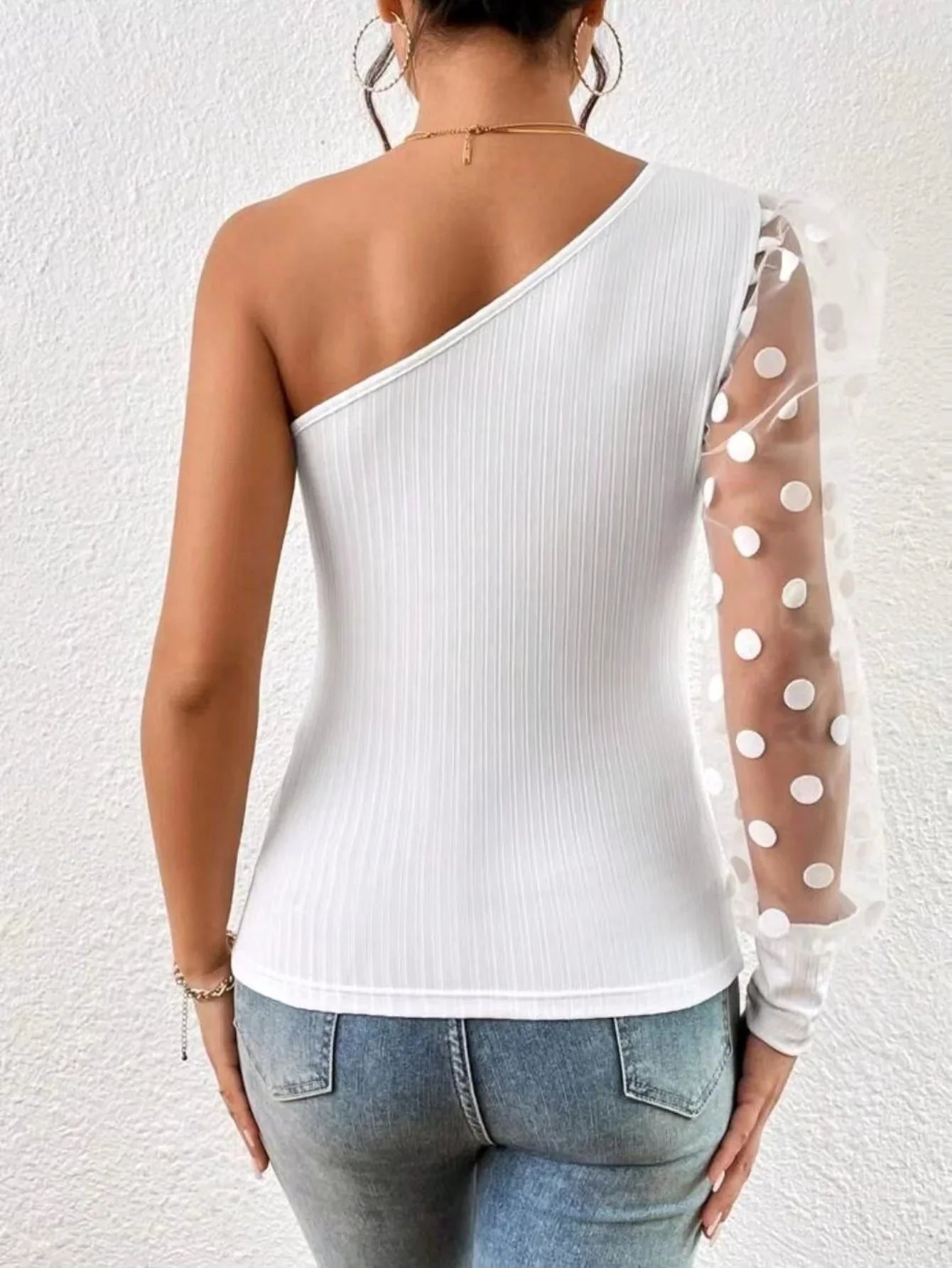 Women's Long Sleeve Single Shoulder T-Shirt with Polka Dot Mesh Stitching in Solid Color for Spring and Autumn Fashion