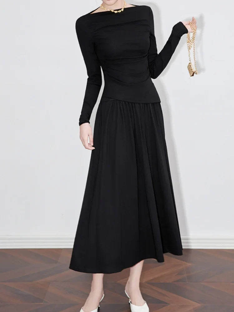 2Pcs Women's Long Sleeve Top and Half Skirt Set Vintage Elegant One Shoulder Chic Two Piece Outfit