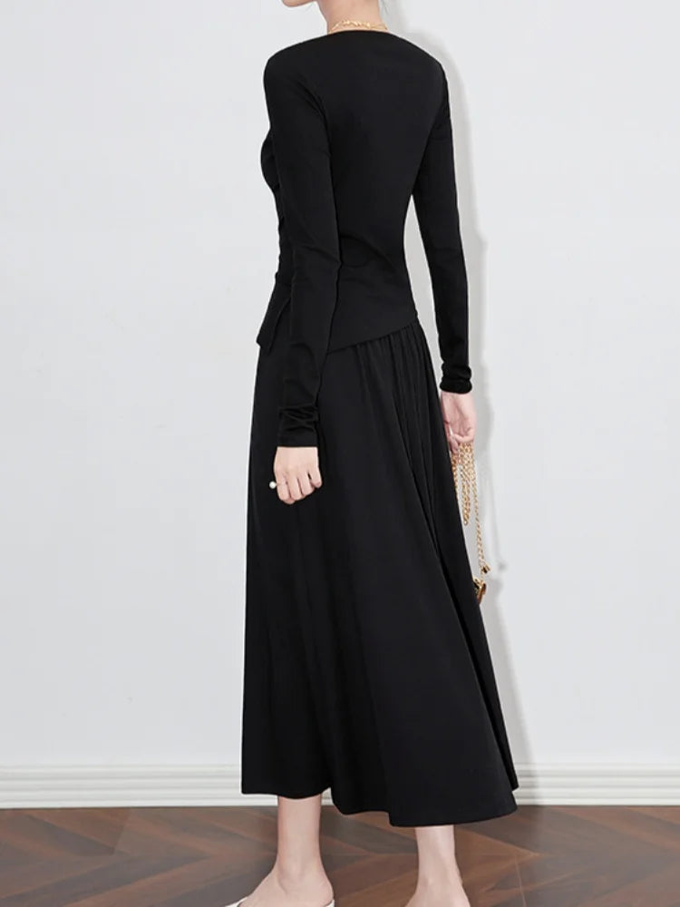 2Pcs Women's Long Sleeve Top and Half Skirt Set Vintage Elegant One Shoulder Chic Two Piece Outfit