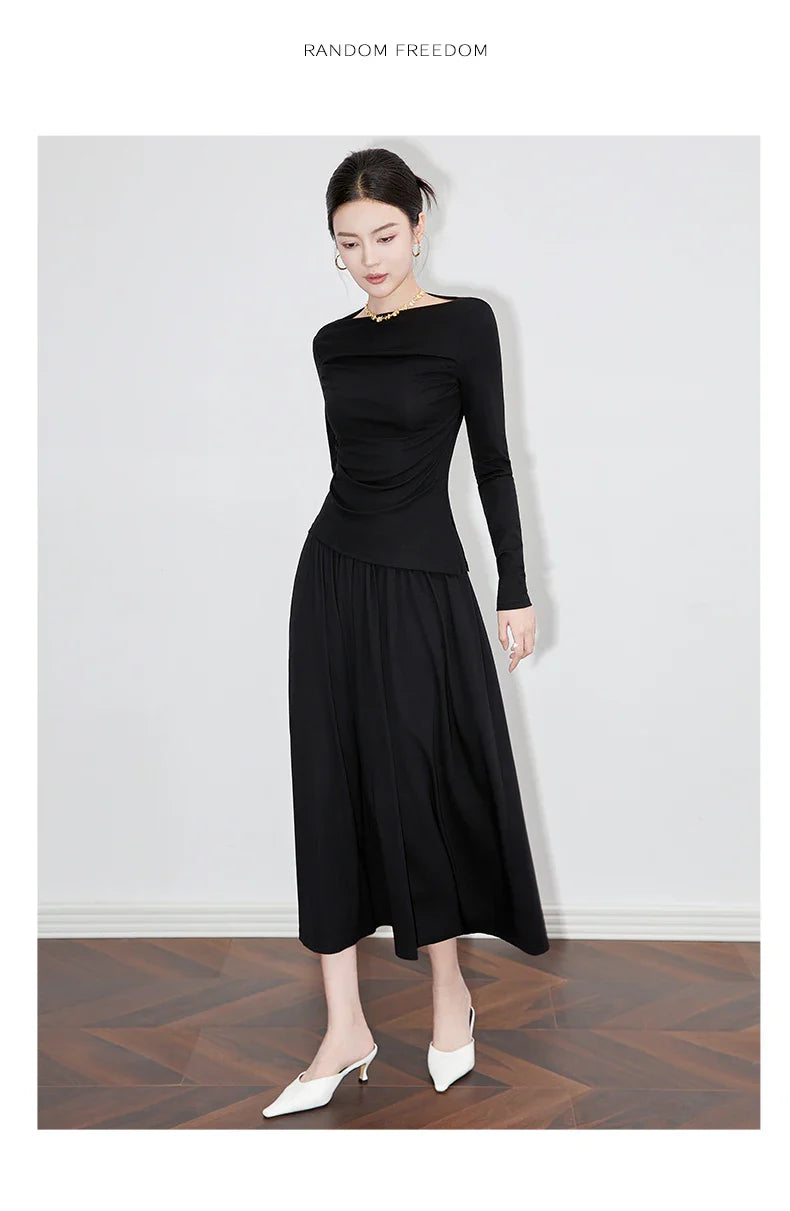 2Pcs Women's Long Sleeve Top and Half Skirt Set Vintage Elegant One Shoulder Chic Two Piece Outfit