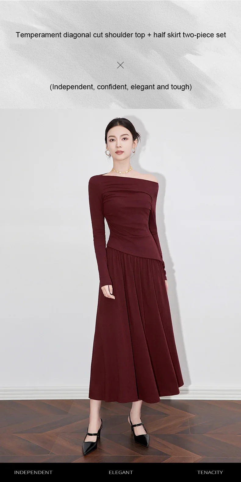 2Pcs Women's Long Sleeve Top and Half Skirt Set Vintage Elegant One Shoulder Chic Two Piece Outfit