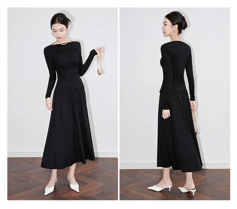 2Pcs Women's Long Sleeve Top and Half Skirt Set Vintage Elegant One Shoulder Chic Two Piece Outfit