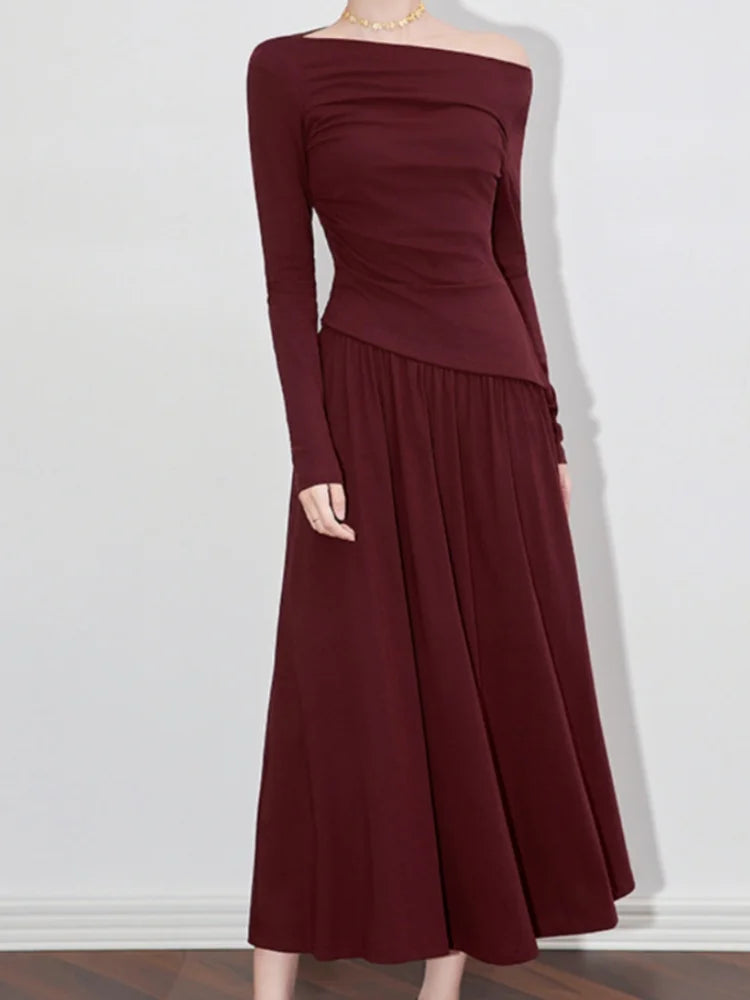 2Pcs Women's Long Sleeve Top and Half Skirt Set Vintage Elegant One Shoulder Chic Two Piece Outfit