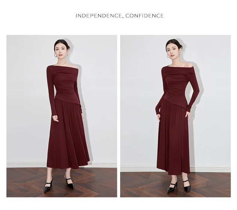 2Pcs Women's Long Sleeve Top and Half Skirt Set Vintage Elegant One Shoulder Chic Two Piece Outfit