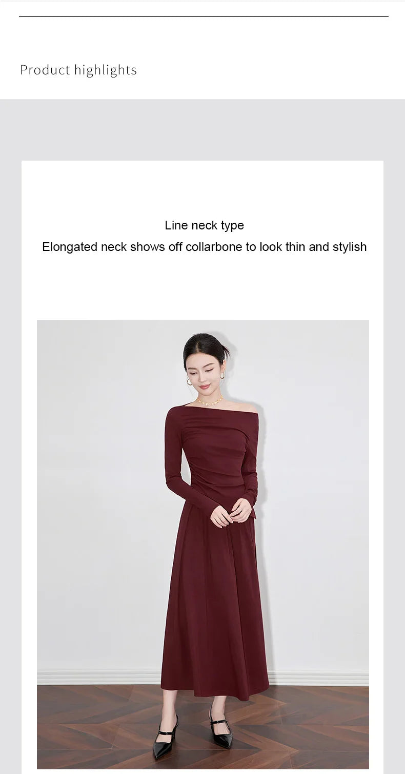 2Pcs Women's Long Sleeve Top and Half Skirt Set Vintage Elegant One Shoulder Chic Two Piece Outfit