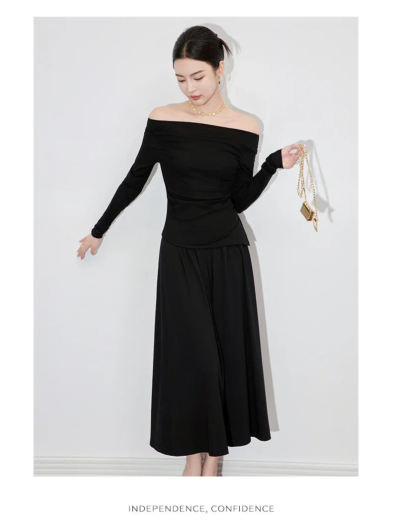 2Pcs Women's Long Sleeve Top and Half Skirt Set Vintage Elegant One Shoulder Chic Two Piece Outfit