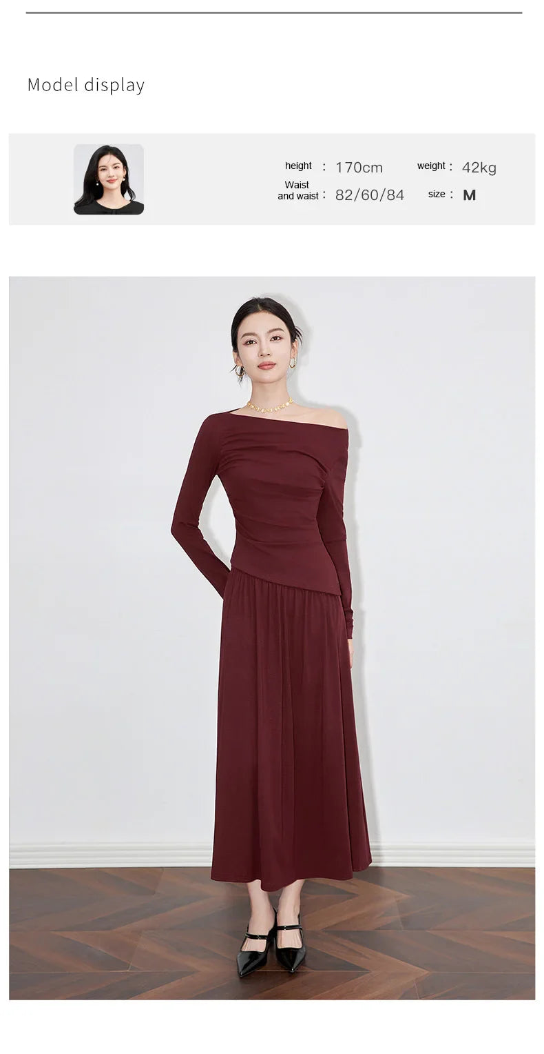 2Pcs Women's Long Sleeve Top and Half Skirt Set Vintage Elegant One Shoulder Chic Two Piece Outfit