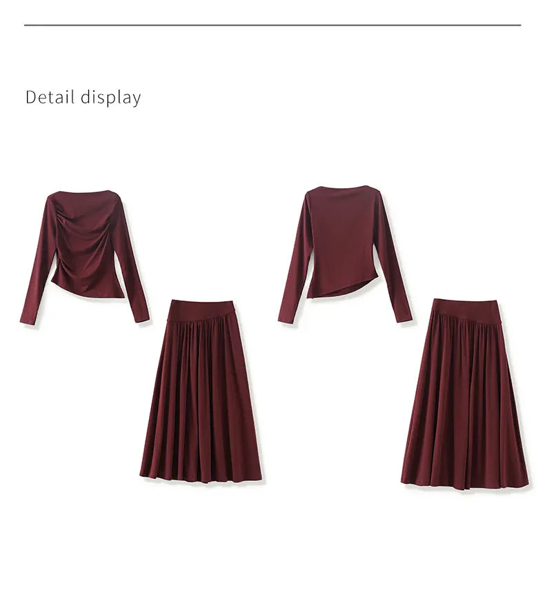 2Pcs Women's Long Sleeve Top and Half Skirt Set Vintage Elegant One Shoulder Chic Two Piece Outfit