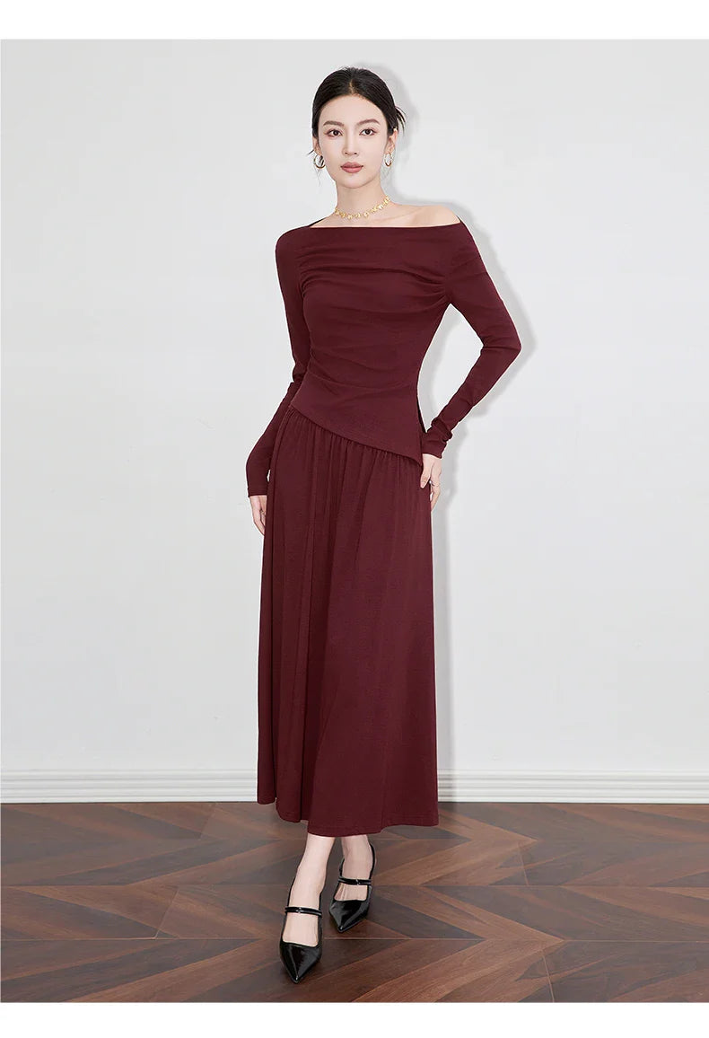 2Pcs Women's Long Sleeve Top and Half Skirt Set Vintage Elegant One Shoulder Chic Two Piece Outfit