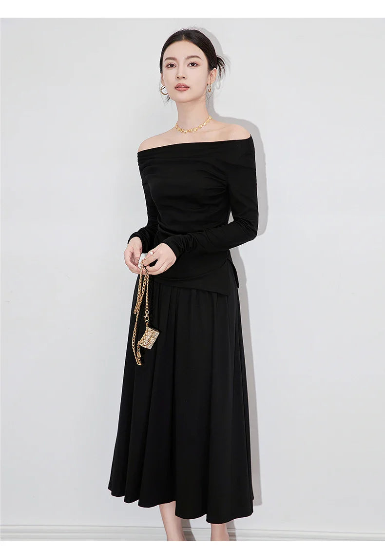 2Pcs Women's Long Sleeve Top and Half Skirt Set Vintage Elegant One Shoulder Chic Two Piece Outfit
