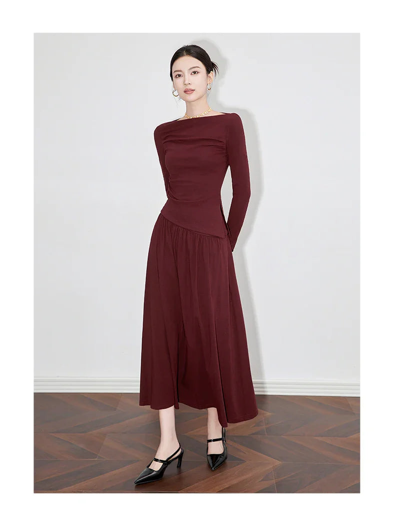 2Pcs Women's Long Sleeve Top and Half Skirt Set Vintage Elegant One Shoulder Chic Two Piece Outfit