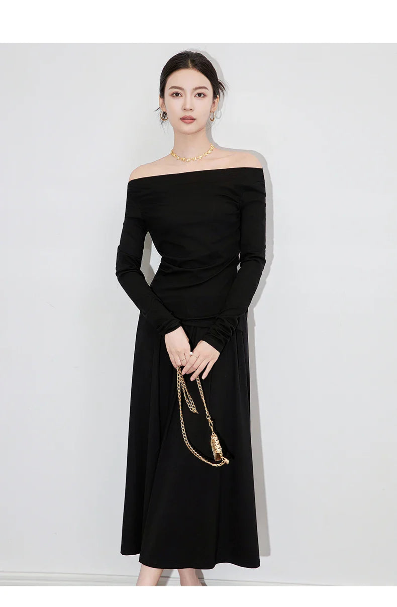 2Pcs Women's Long Sleeve Top and Half Skirt Set Vintage Elegant One Shoulder Chic Two Piece Outfit