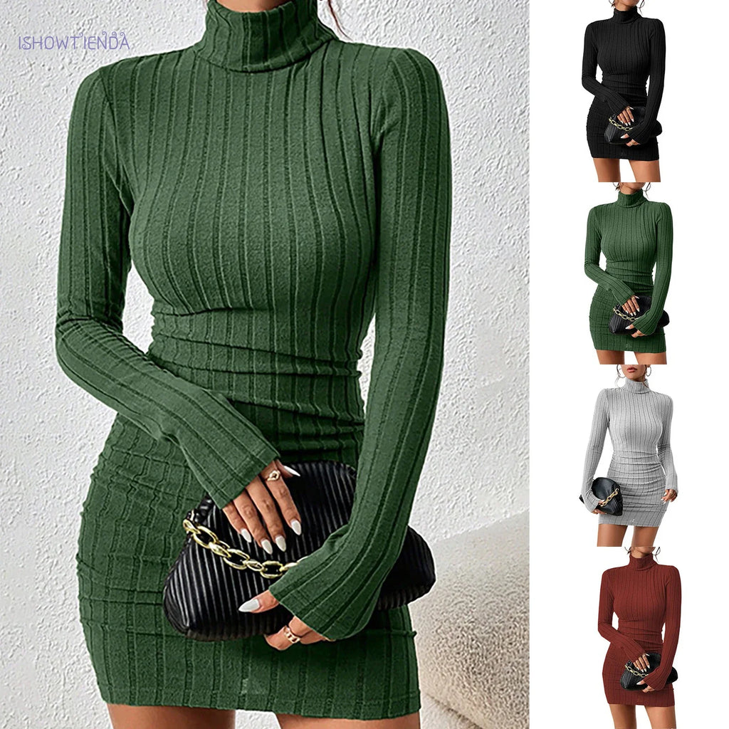 Elegant Knitted Bodycon Dress for Women with Turtleneck and Long Sleeves, Chic Mini Party Dress for Autumn and Winter, Sexy Sheath Style for Casual and Night Out